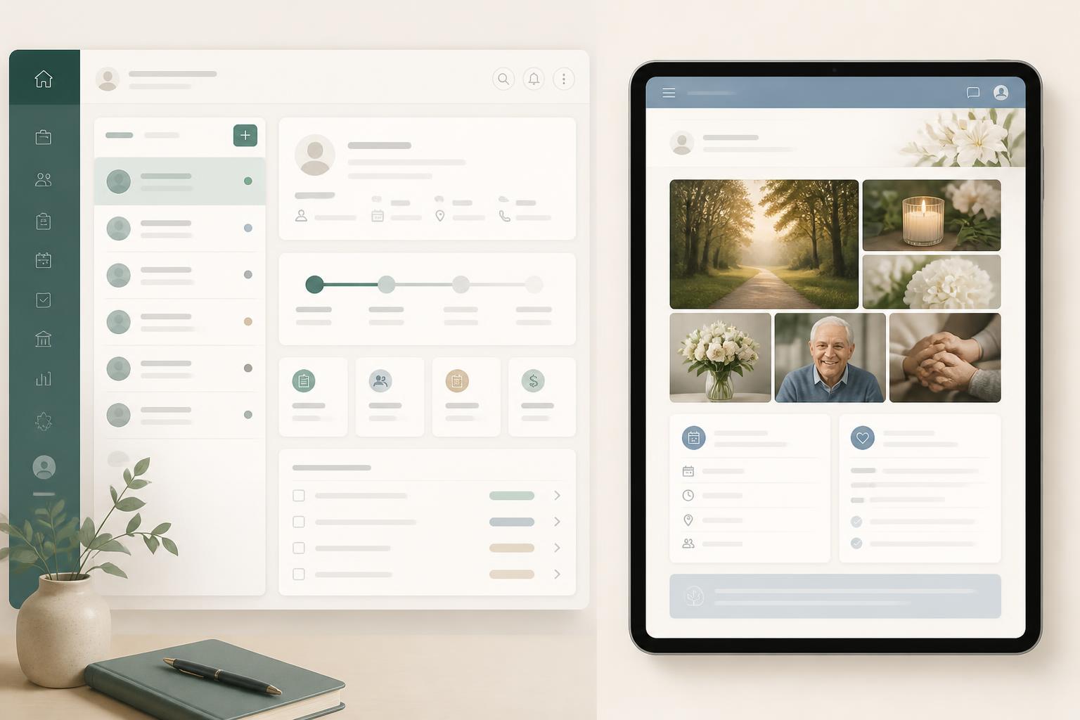 A funeral director dashboard alongside a warm, secure family portal